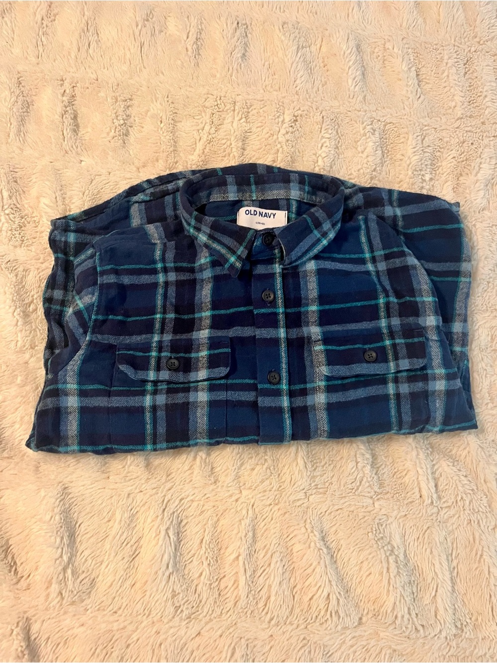 Old Navy Blue Plaid Flannel Button-Up Shirt Boys Large (10-12)